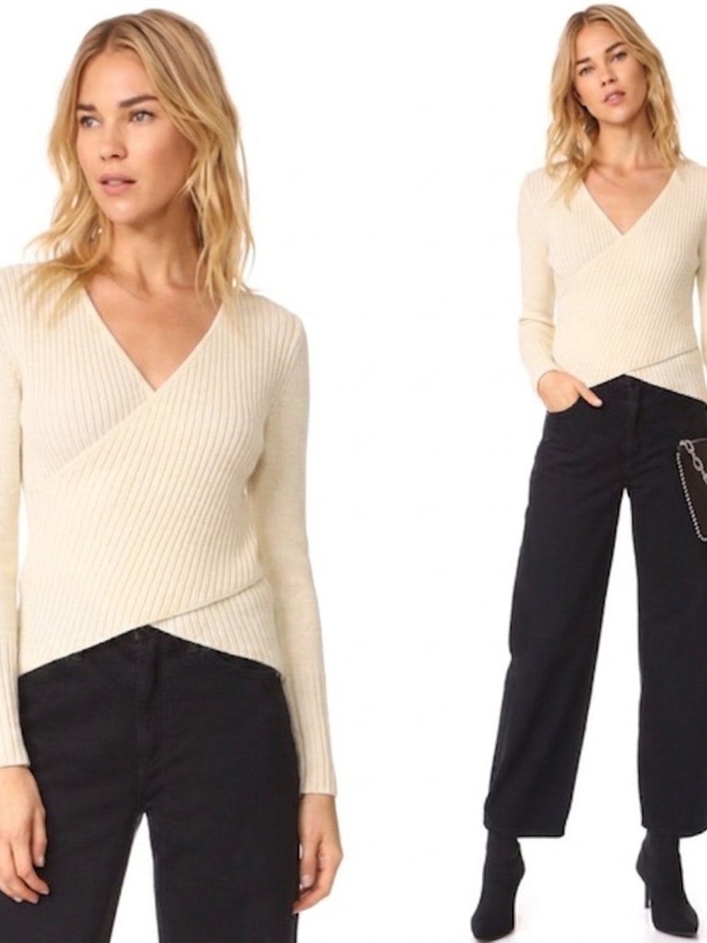 Designer Australian Cream Ribbed Wrap V-Neck Sweater Asymmetrical Modern Preppy